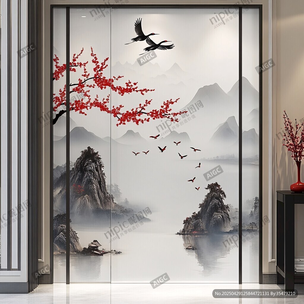 中式山水花鳥移門裝飾畫