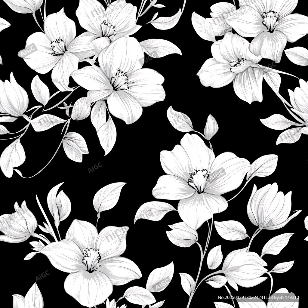 黑白花卉圖案無(wú)縫背景圖