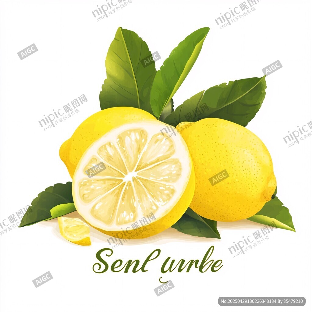 新鮮檸檬與綠葉插畫