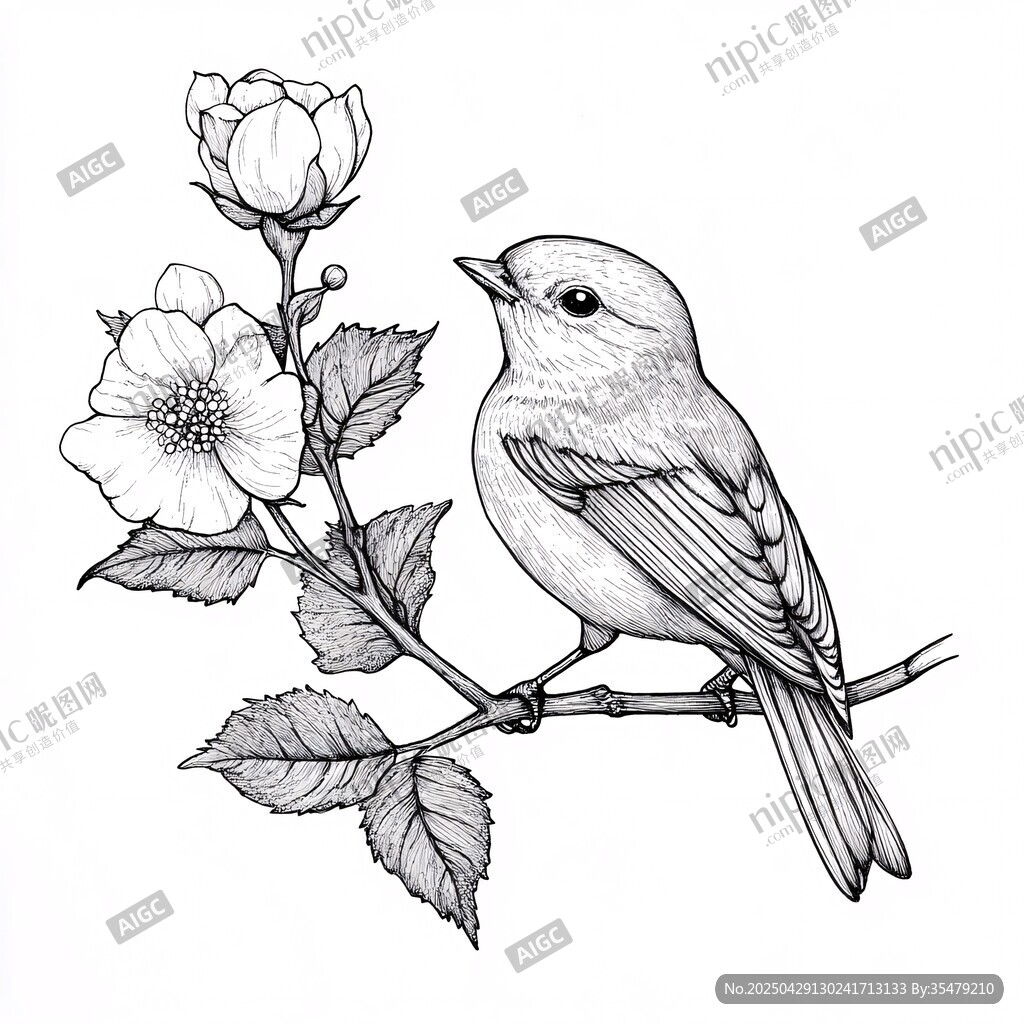 小鳥棲花枝黑白插畫