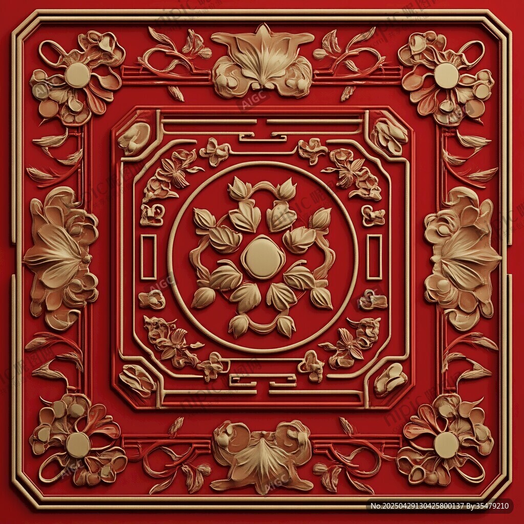 中式紅底金紋雕花裝飾板