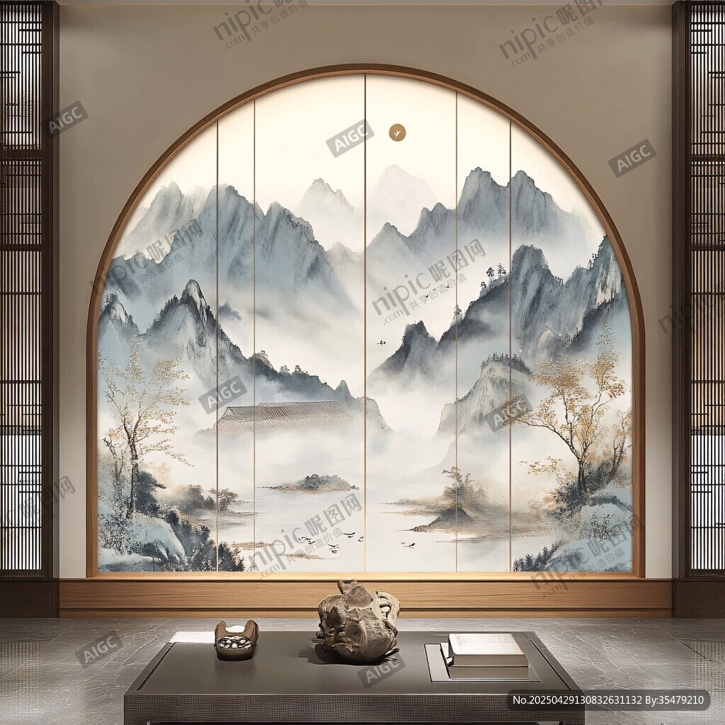 中式山水圓窗壁畫茶室景
