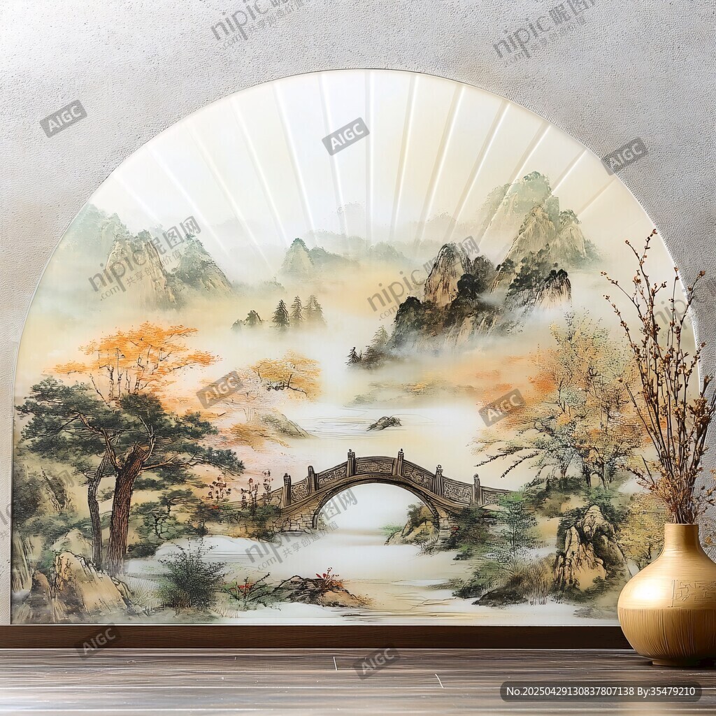 中式扇面山水裝飾畫(huà)意境美