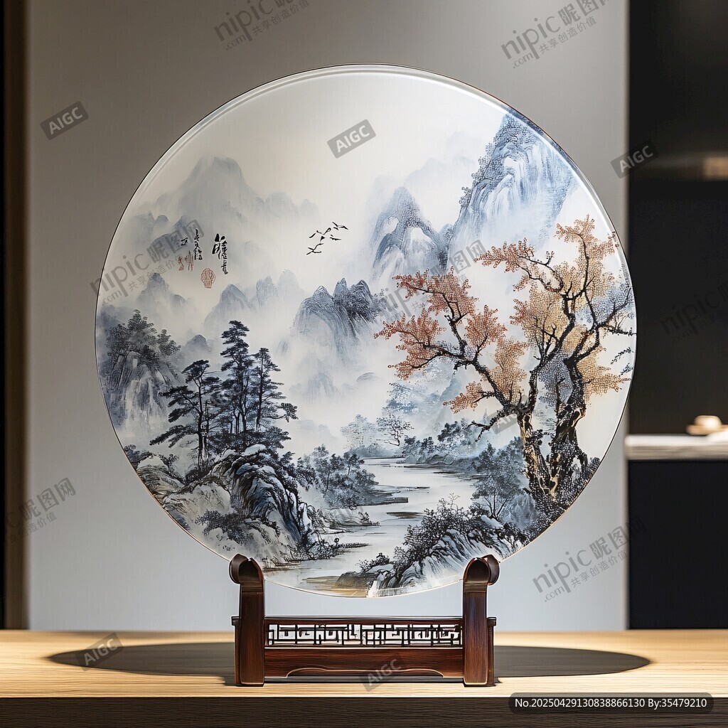 中式山水藝術(shù)瓷盤擺件