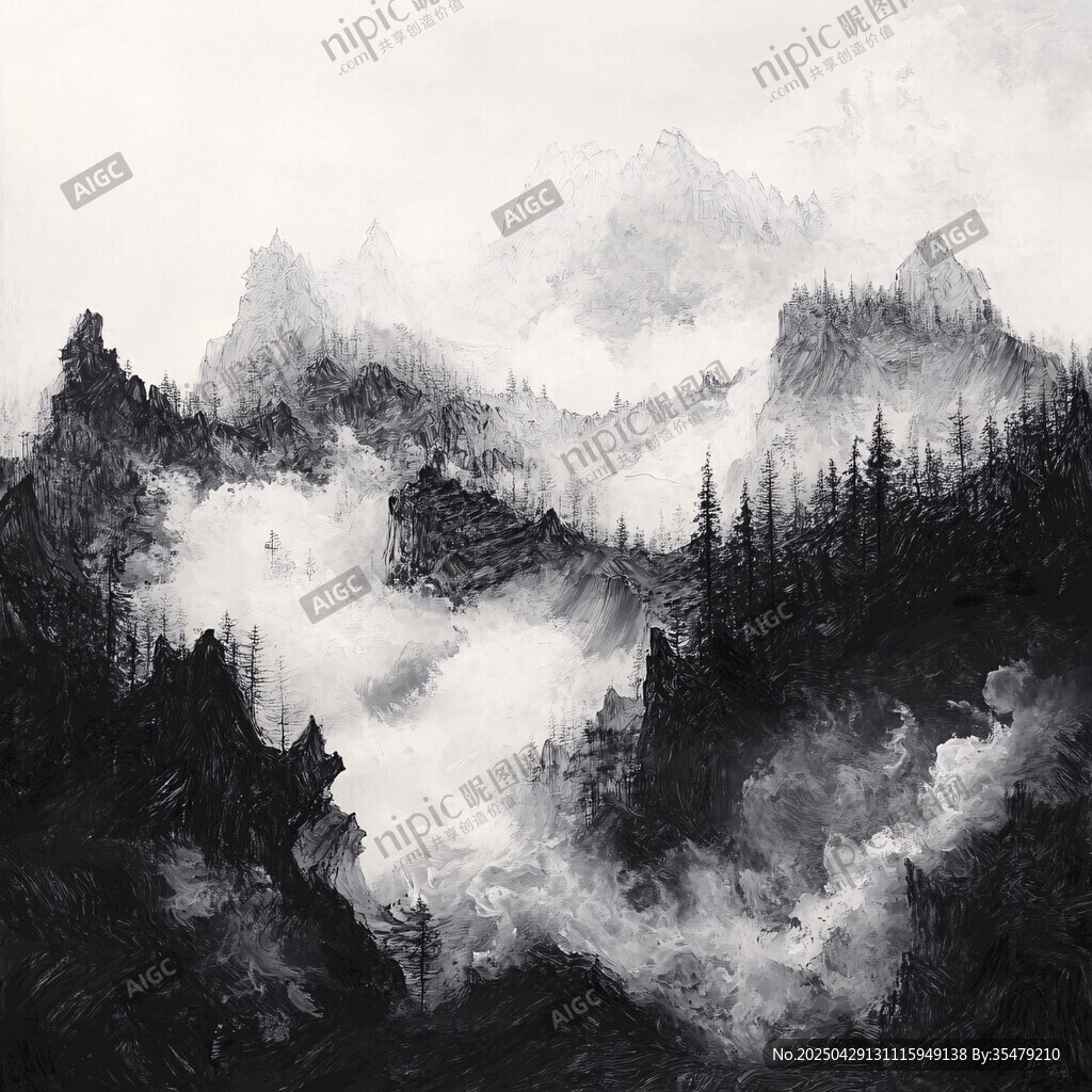 水墨山巒間的云霧松林景