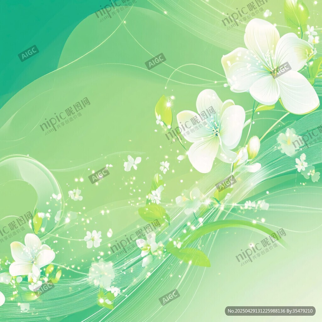 清新綠底白花夢幻背景圖