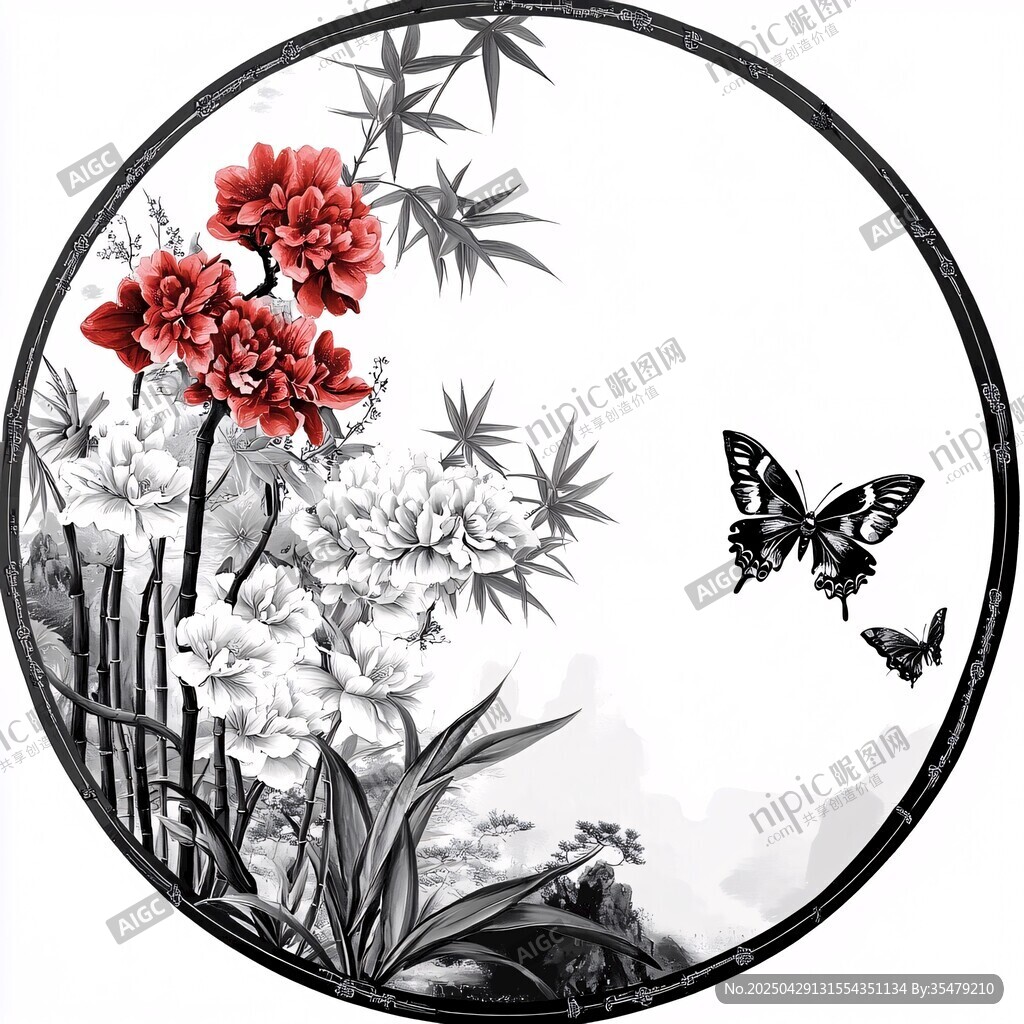 圓形水墨花卉蝴蝶圖