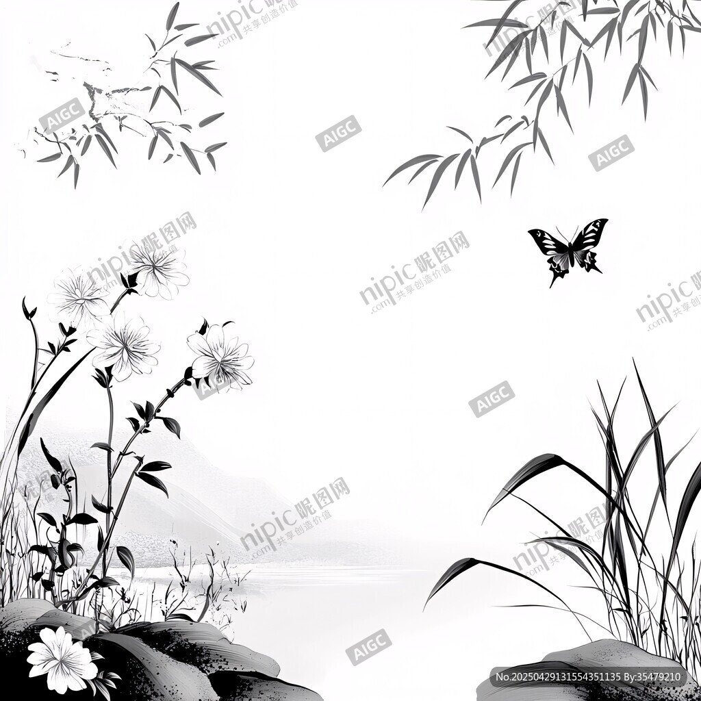 水墨花草間的蝶舞圖景