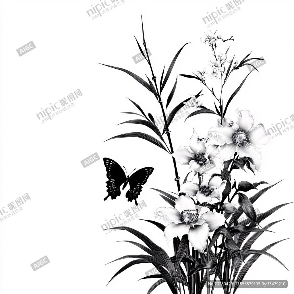 黑白花卉與蝶的優雅景致
