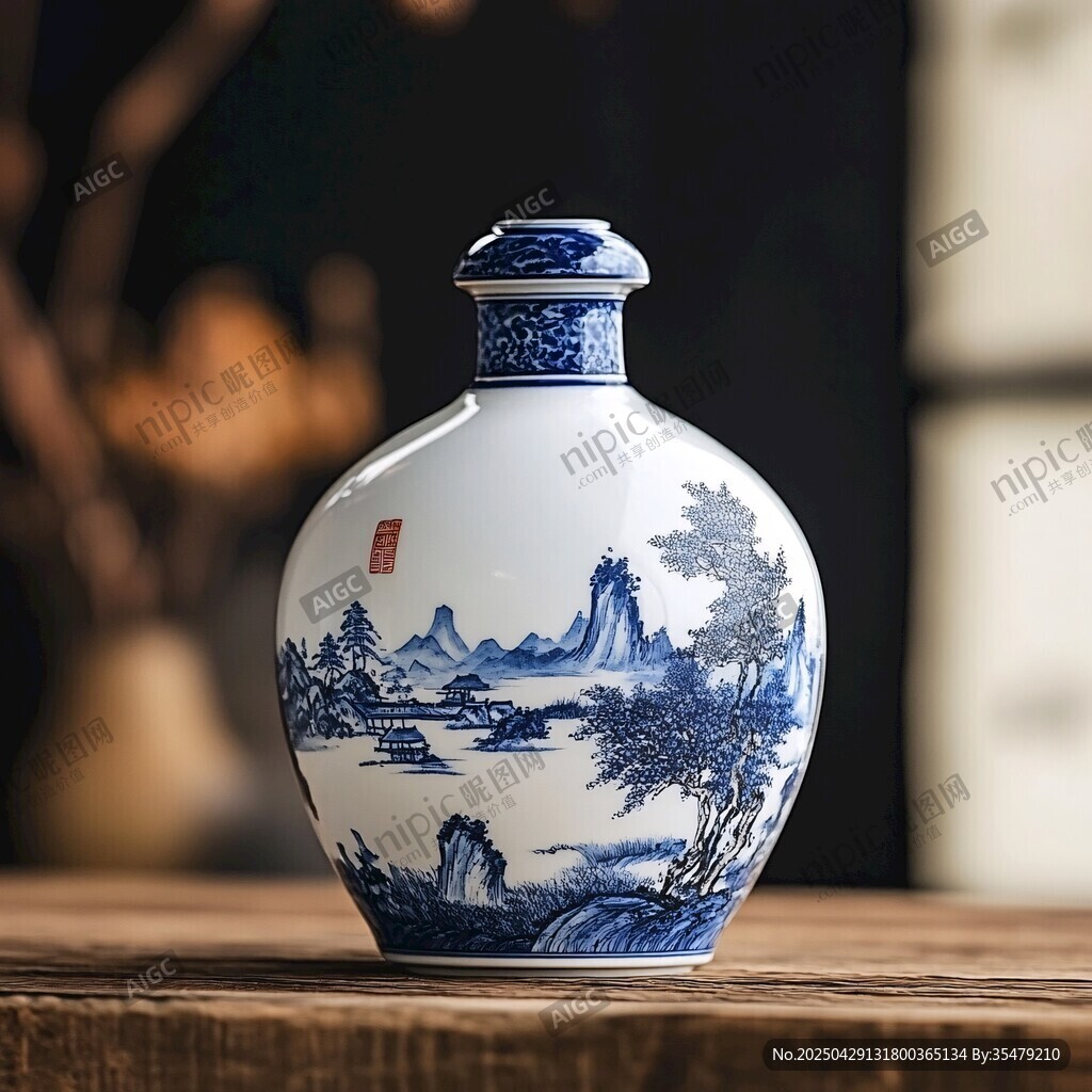 青花山水紋瓷瓶古韻雅致