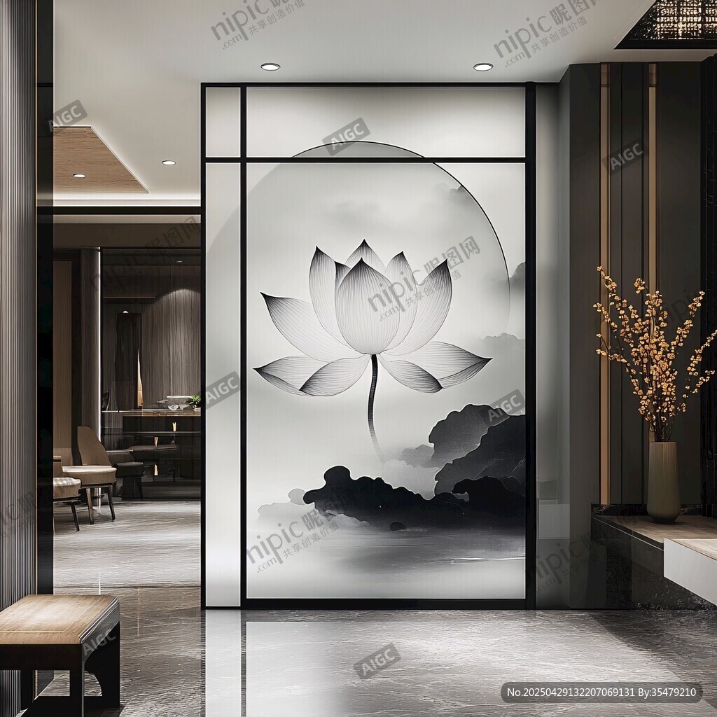 中式水墨蓮花屏風(fēng)玄關(guān)設(shè)計(jì)