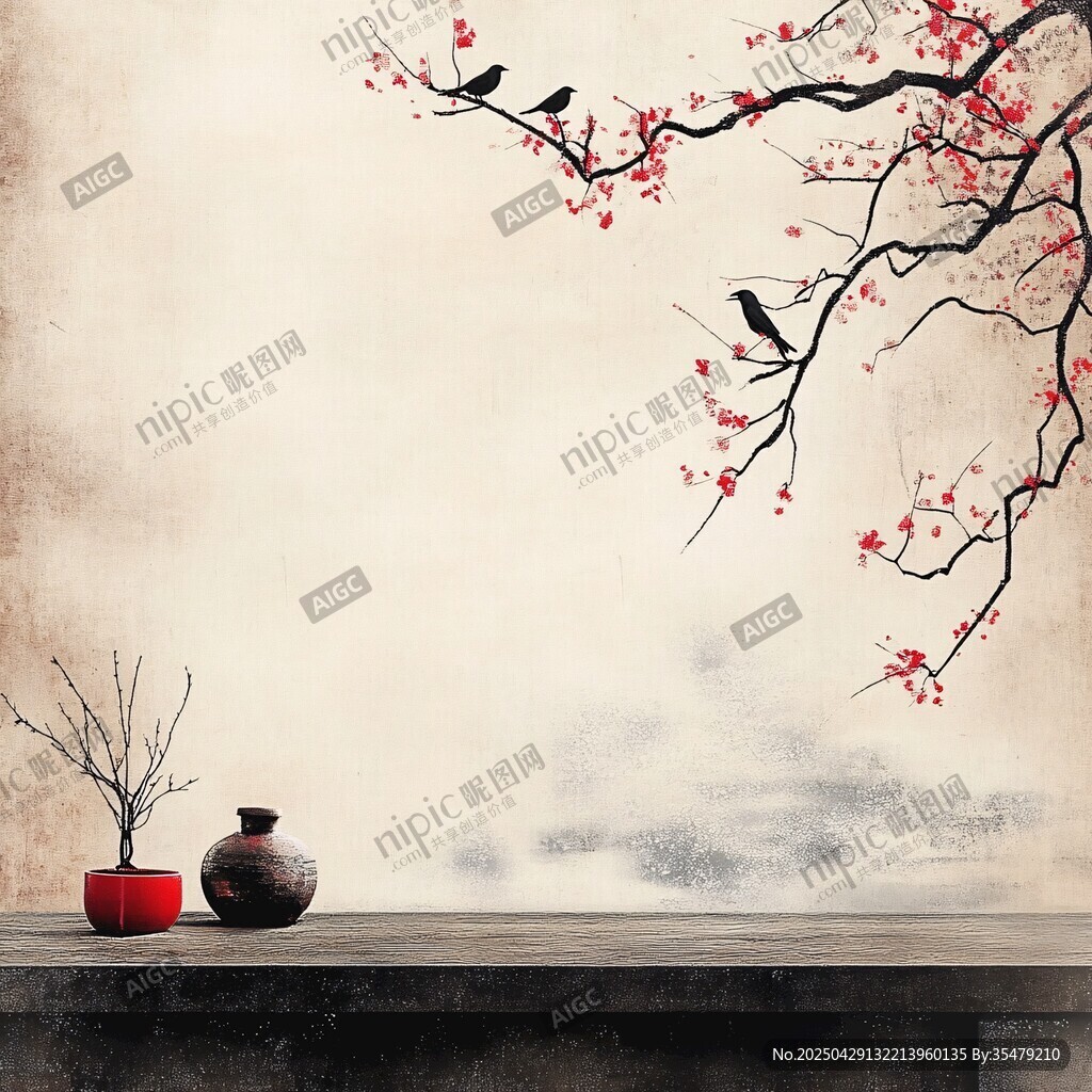中式雅致場景 梅枝飛鳥瓶花