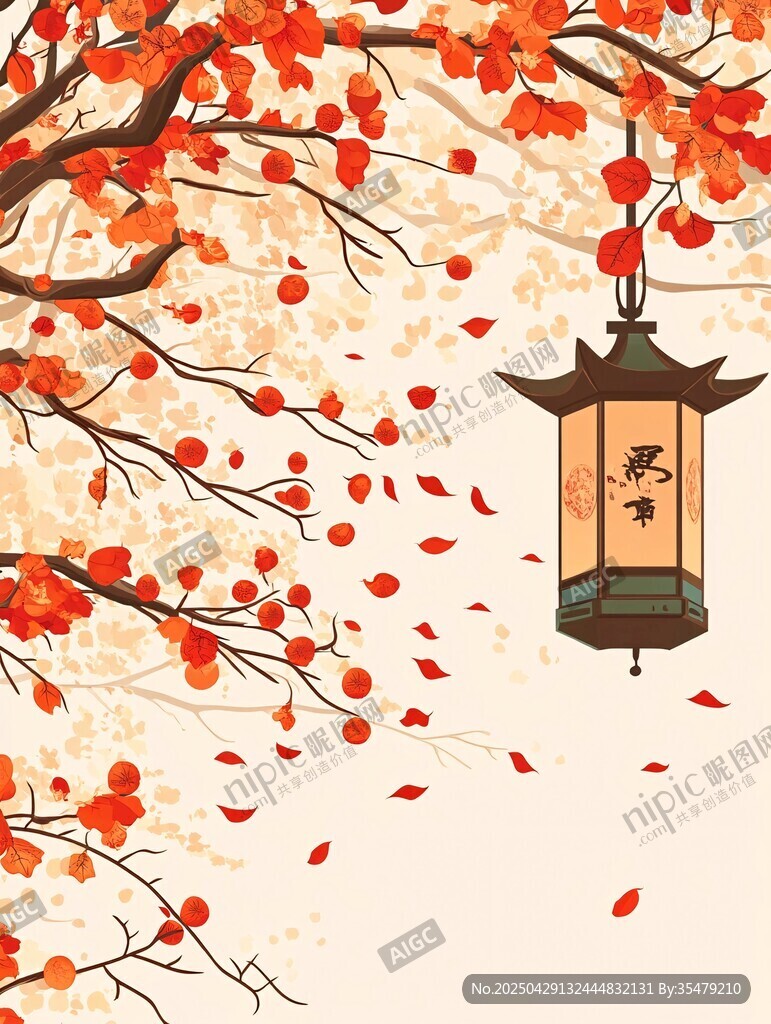 秋日紅楓下的中式燈籠