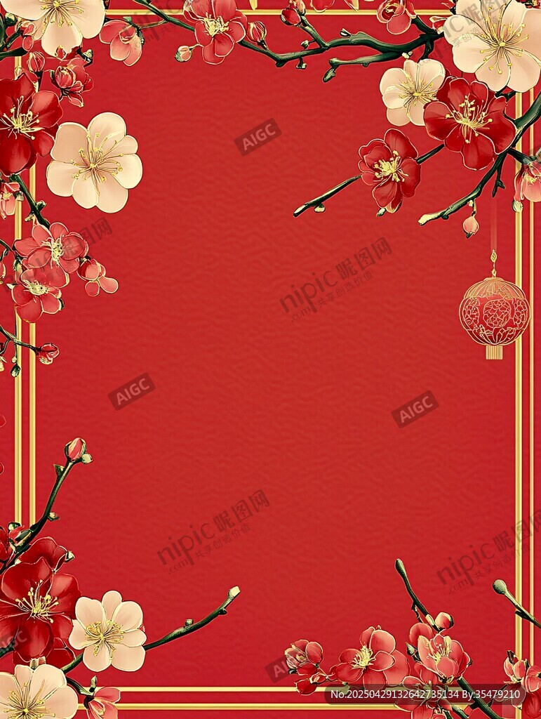 喜慶紅梅中式紅色背景圖