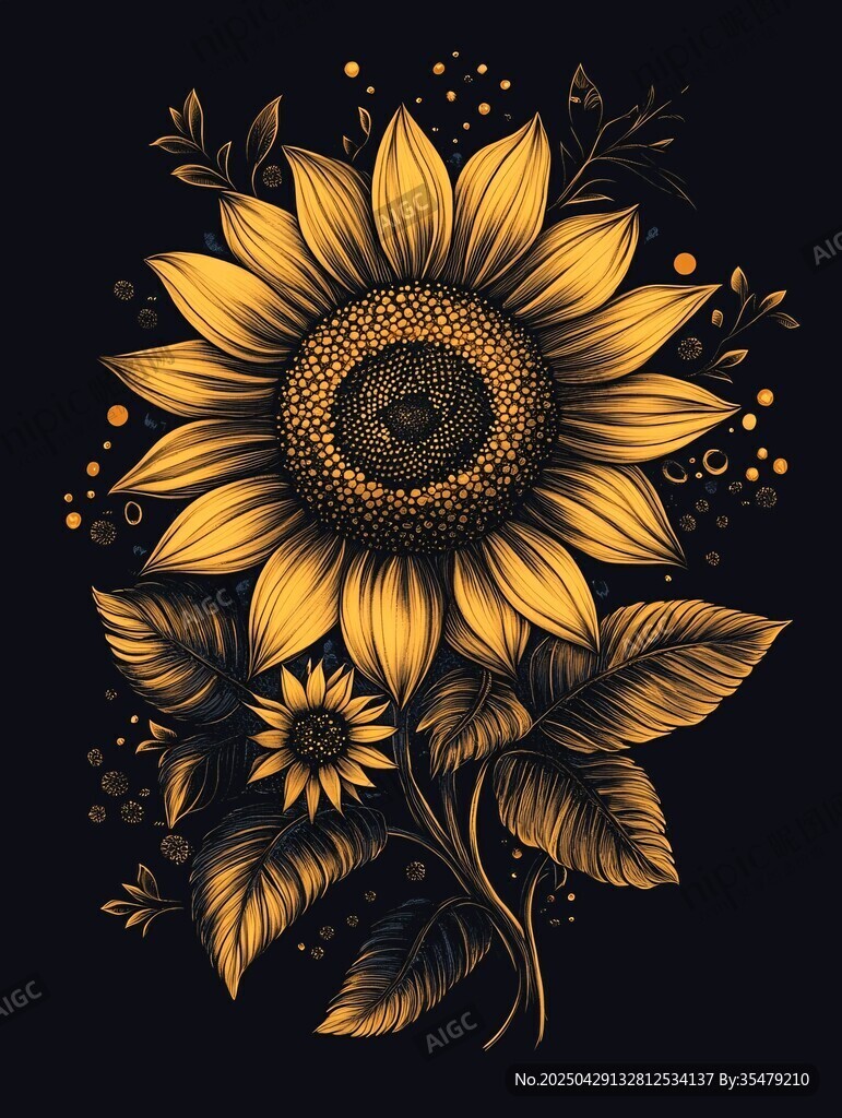 金色向日葵插畫花卉裝飾圖