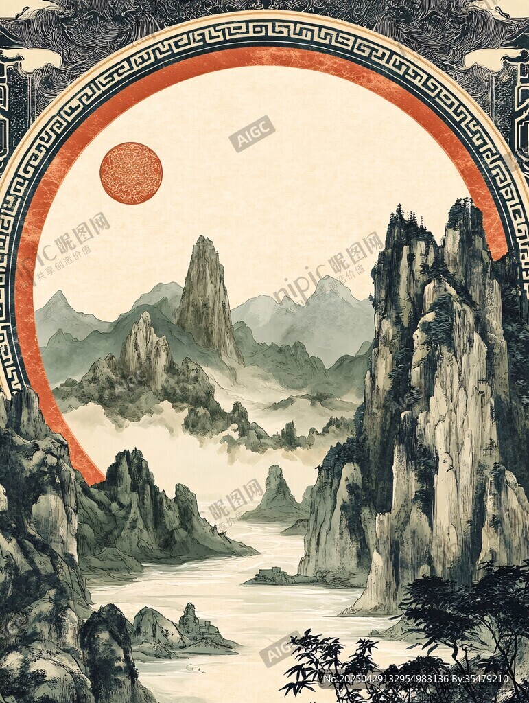 中式山水圓形古韻風(fēng)景畫