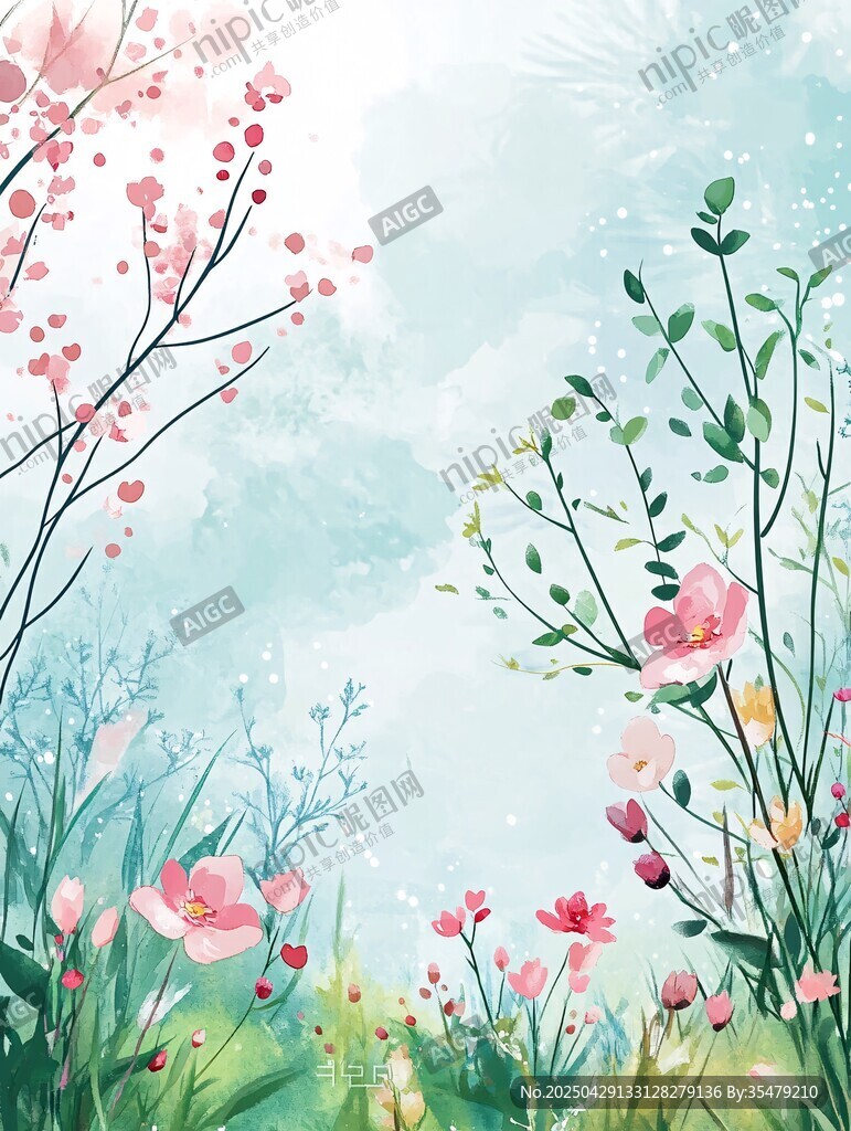 春日花卉浪漫水彩背景圖