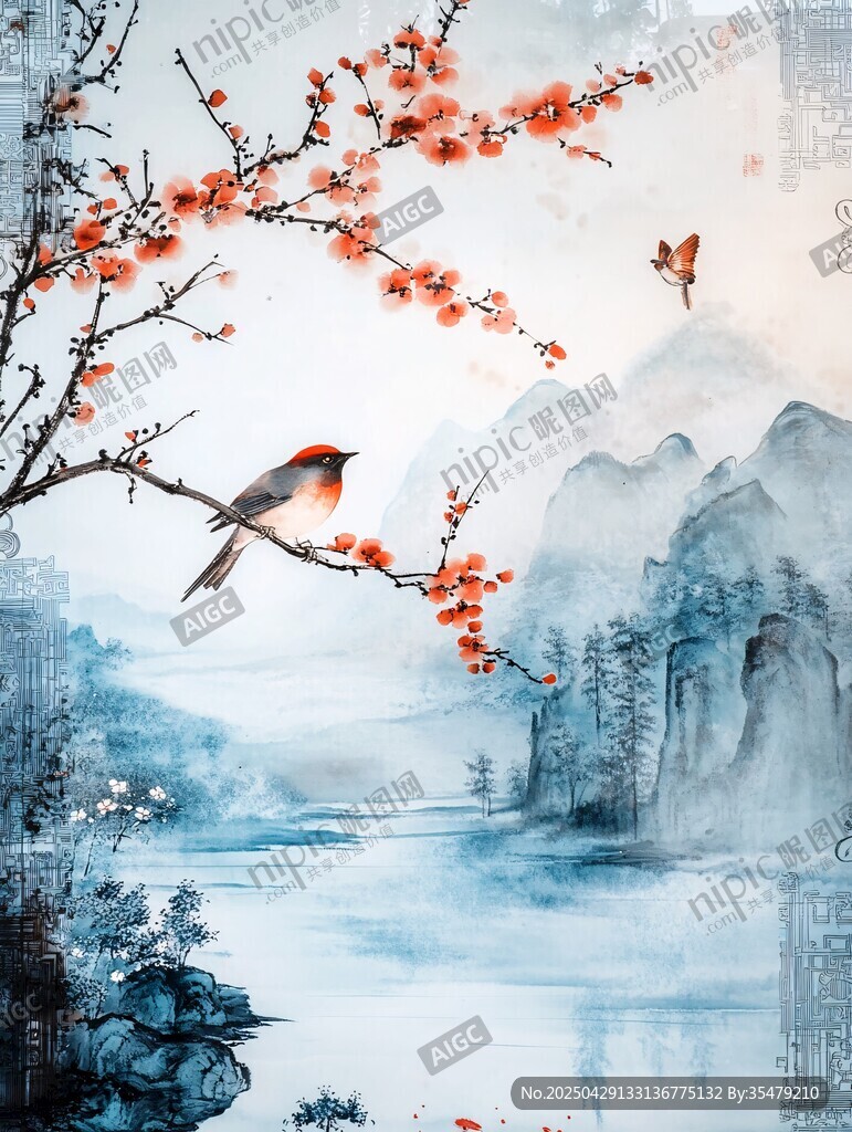 紅梅棲鳥山水詩意畫境