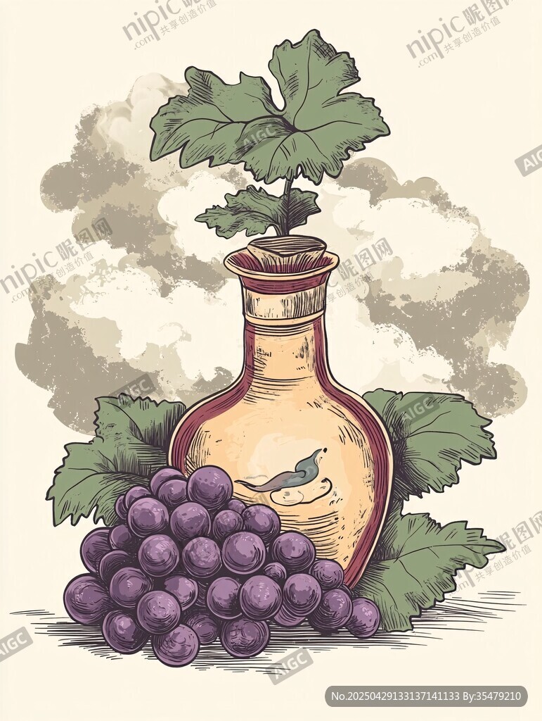 手繪葡萄與古樸酒瓶插畫