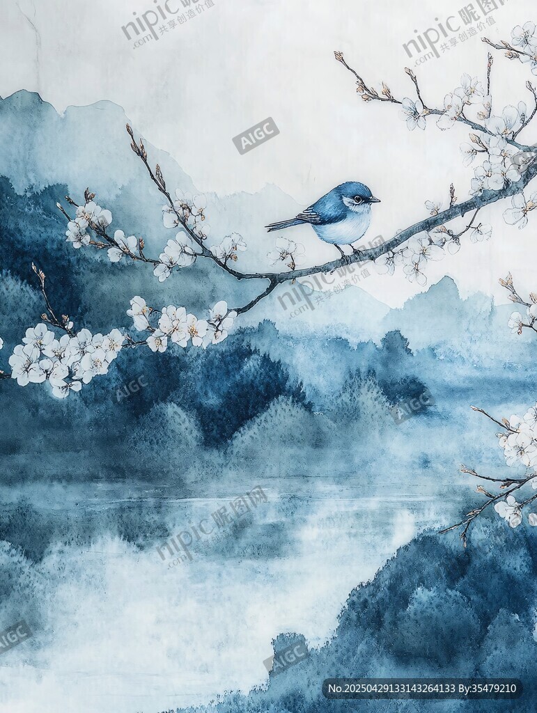 藍鳥棲枝繪水墨春景圖