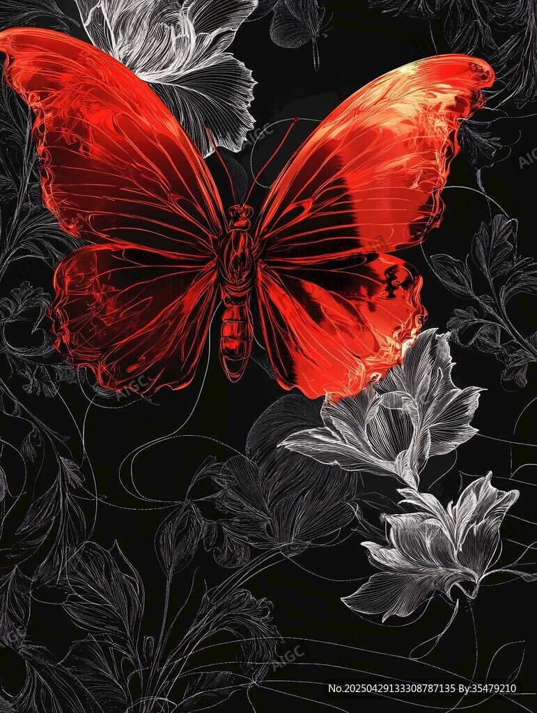 紅蝶舞于花葉間