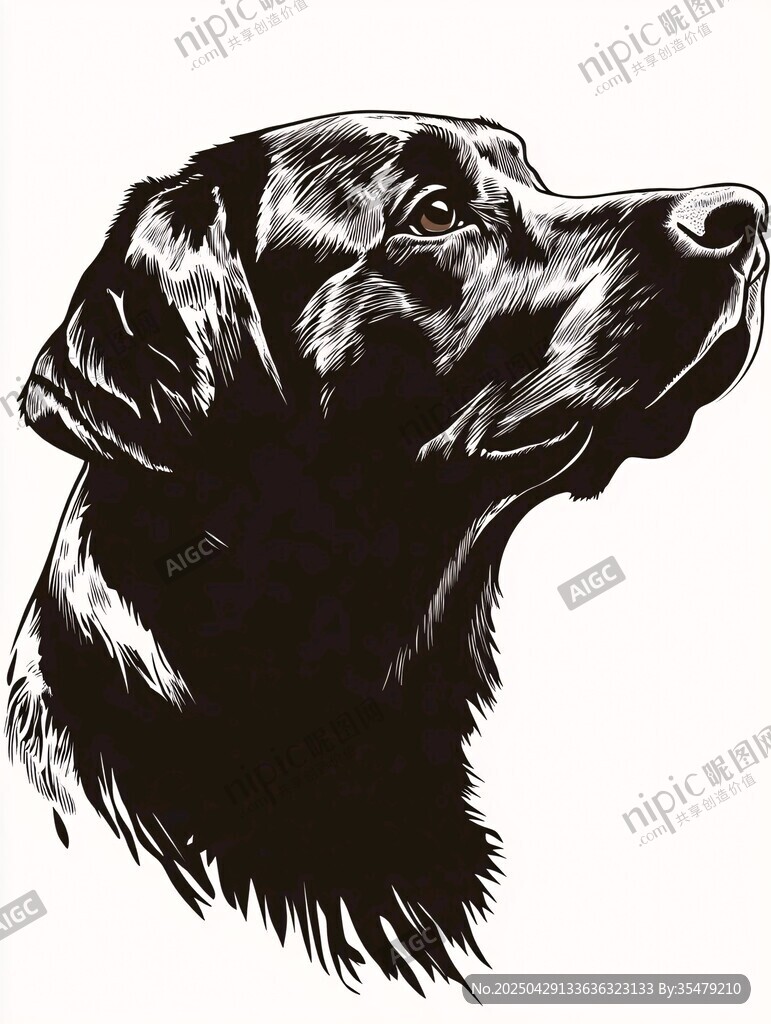 拉布拉多犬頭部黑白插畫