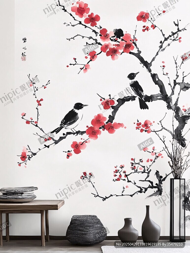 紅梅棲鳥中式墻面裝飾