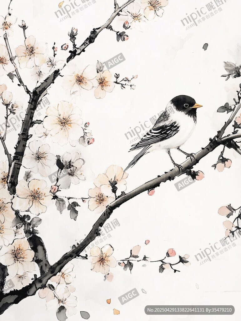 枝頭棲鳥 花開春意濃