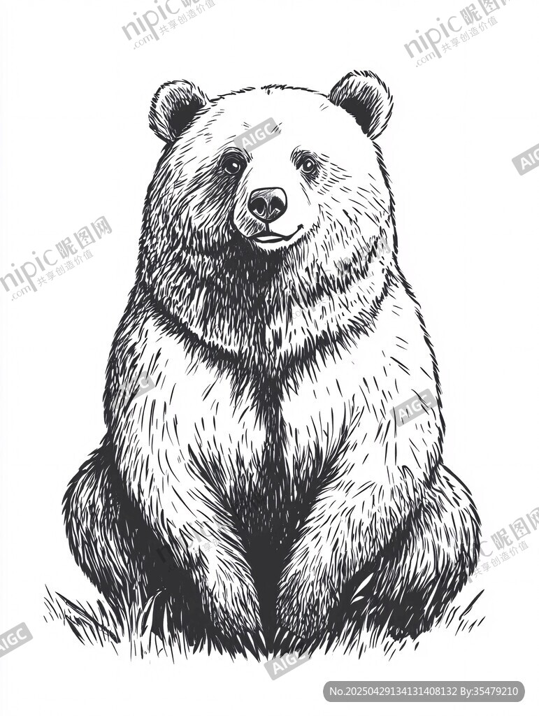 坐立的熊黑白插畫