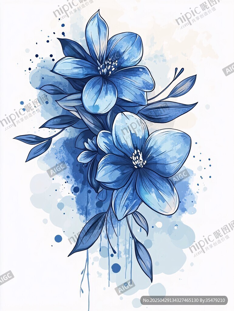 藍色水彩花卉插畫