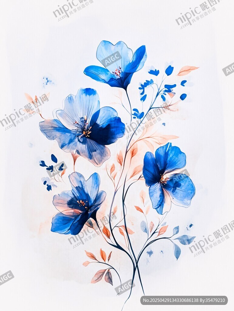 藍色花卉水彩插畫