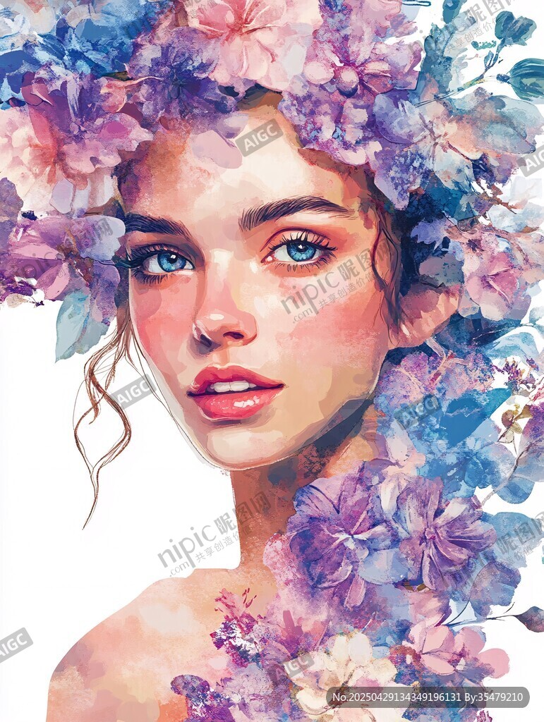 花飾少女的夢(mèng)幻水彩肖像
