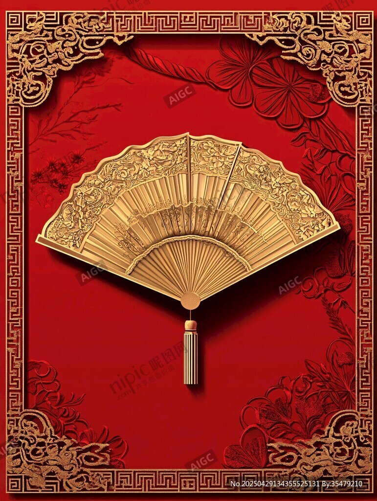 古典金扇 紅底中式裝飾圖