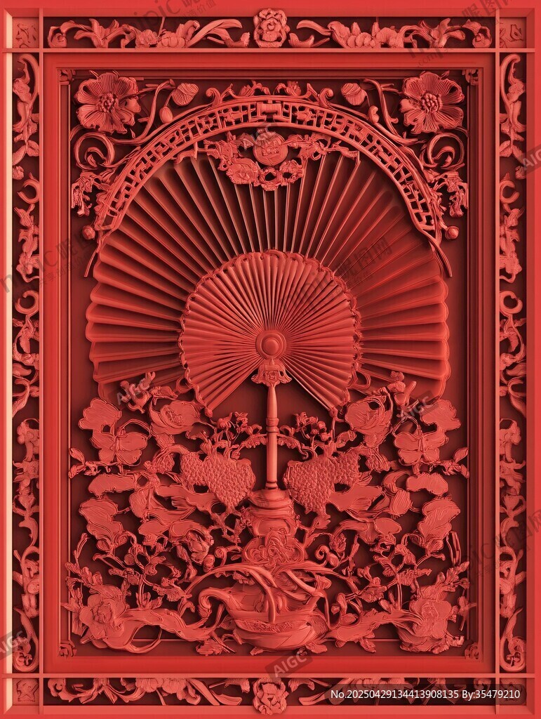 中式紅雕扇景浮雕藝術