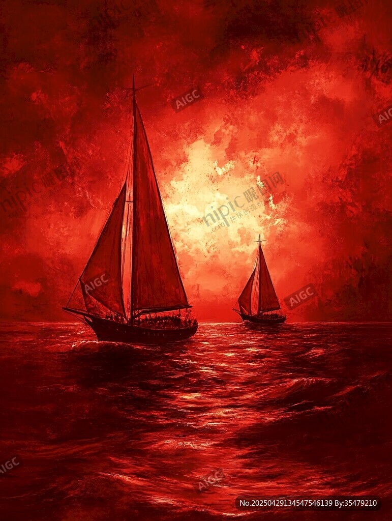 夕陽下的海上雙帆船