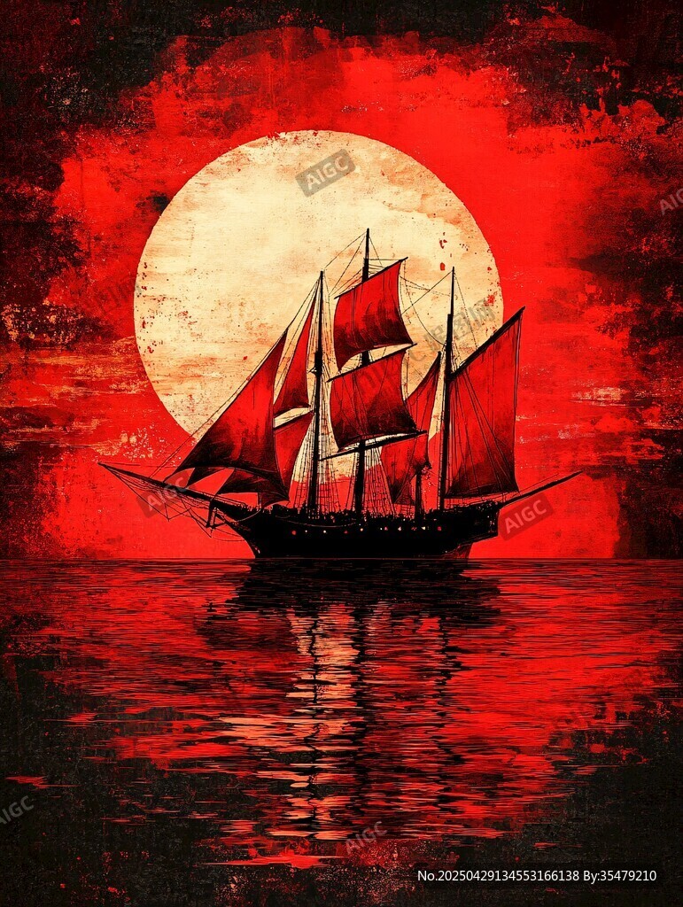 紅月映帆的海上奇幻圖景