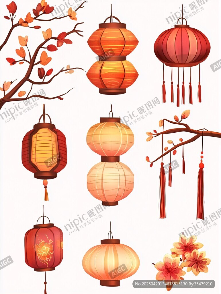 中式燈籠與花枝裝飾圖案
