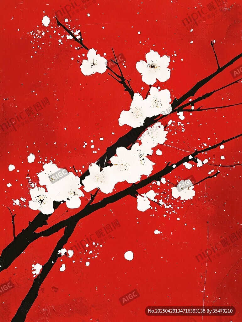 紅梅綻放于紅底之上