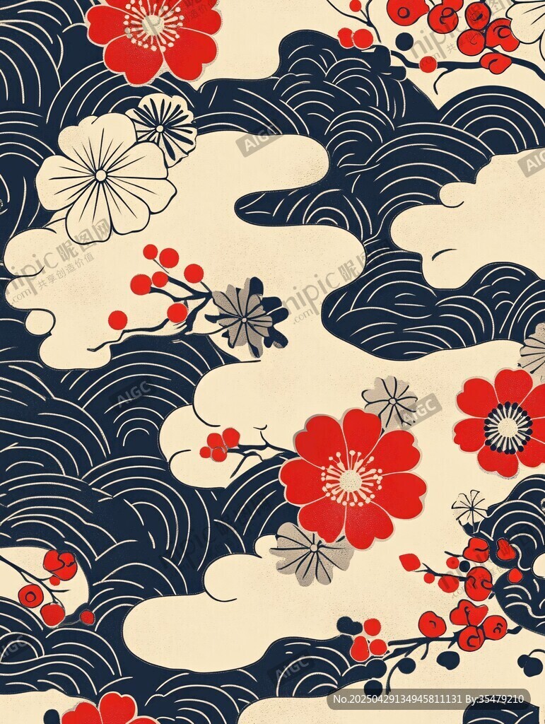 日式和風(fēng)花卉海浪圖案
