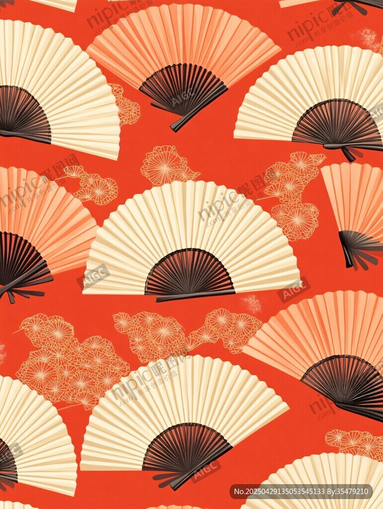 中式折扇圖案 喜慶紅底風格