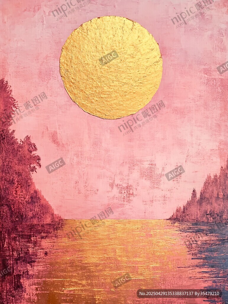 粉色湖畔的金色落日美景