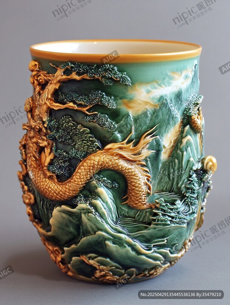 龍紋浮雕陶瓷杯