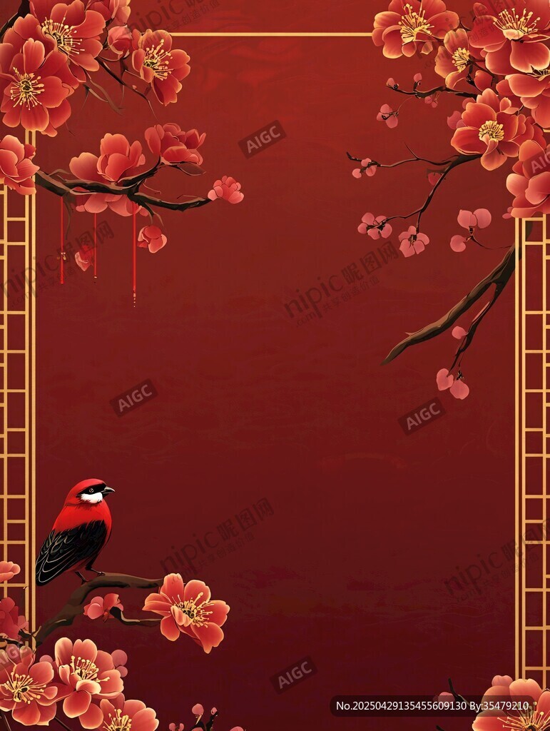 紅梅飛鳥中式喜慶背景圖