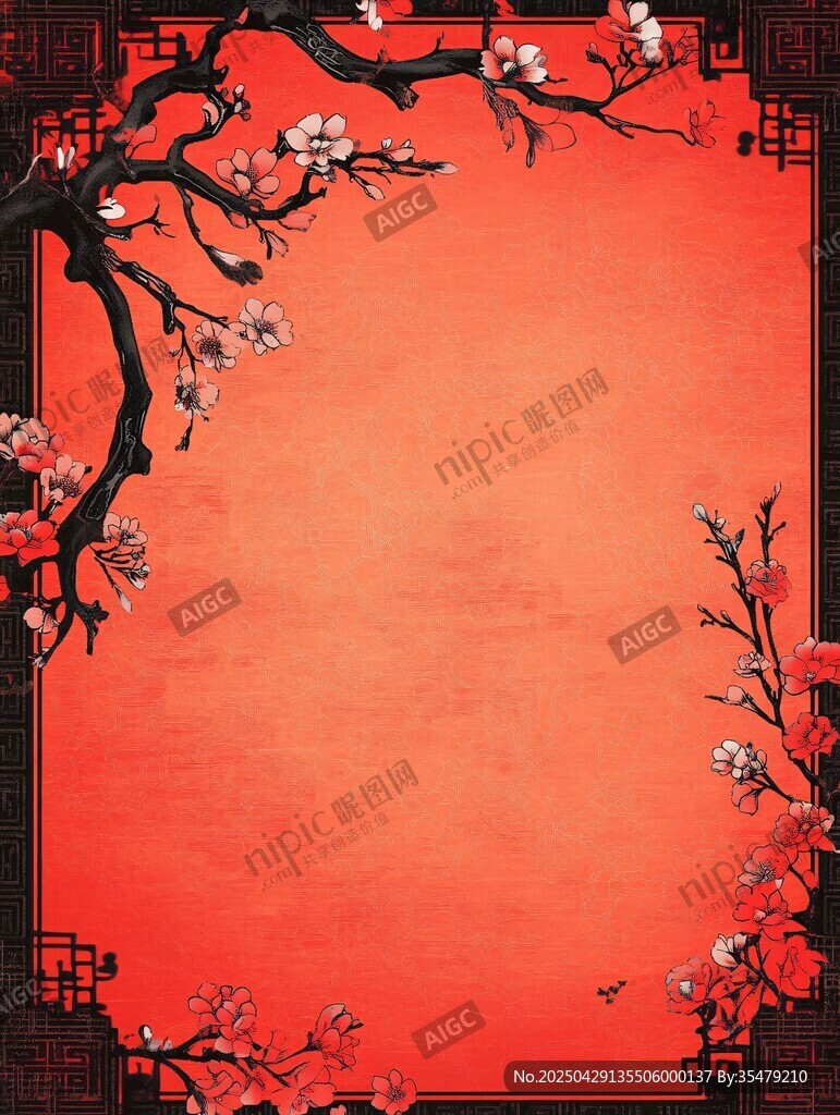 中式紅梅紅底邊框背景圖