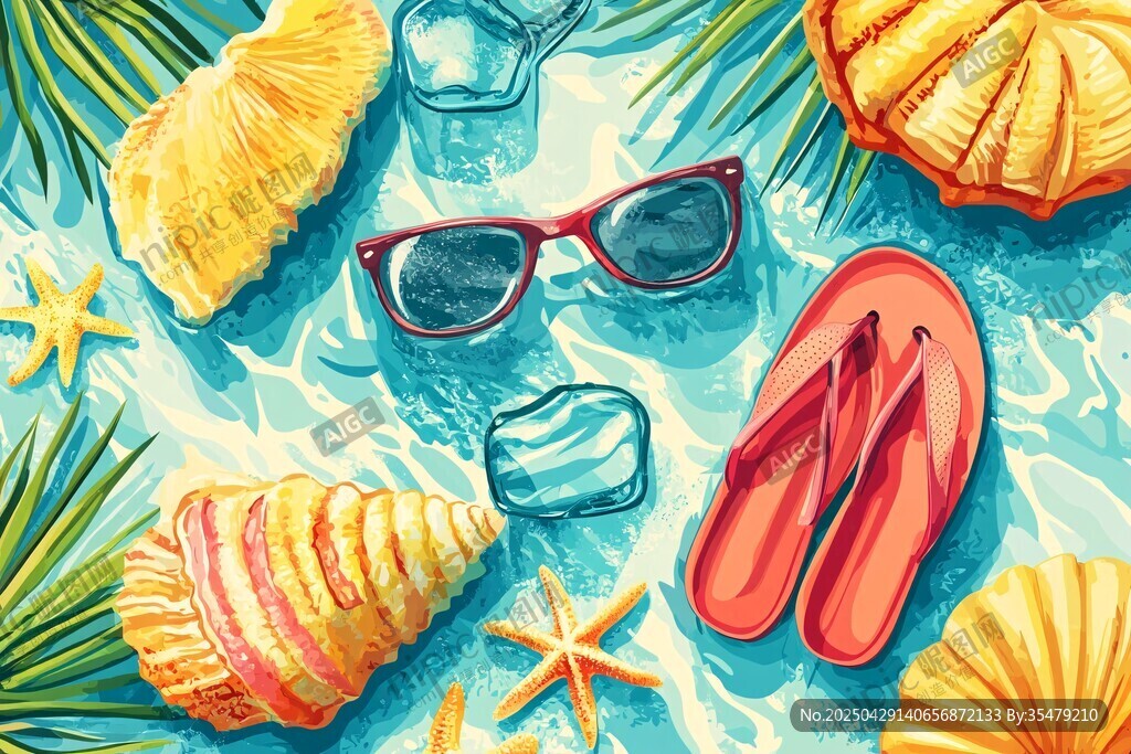 夏日海灘度假元素插畫