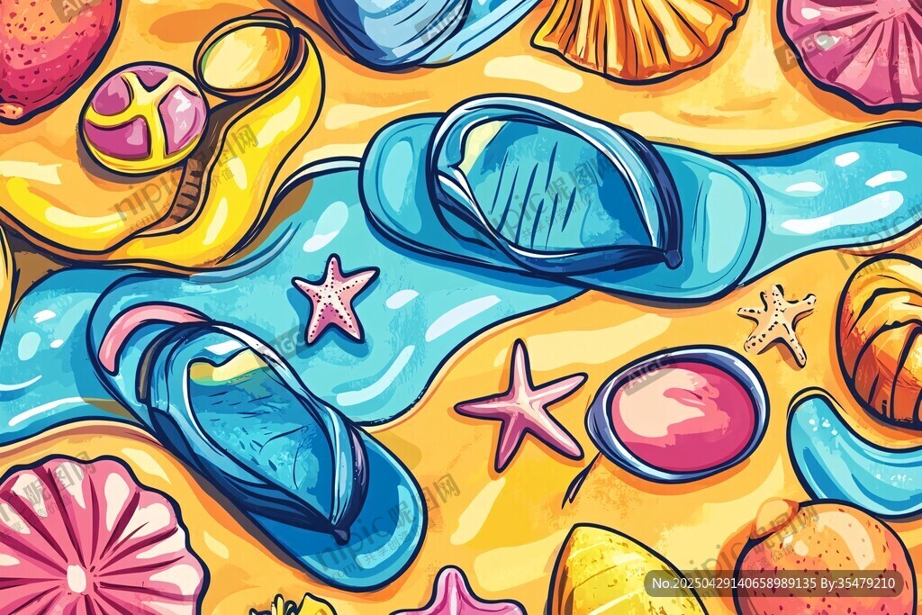夏日海灘度假小物插畫
