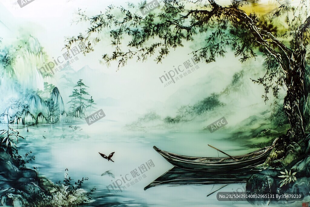 水墨湖景孤舟圖