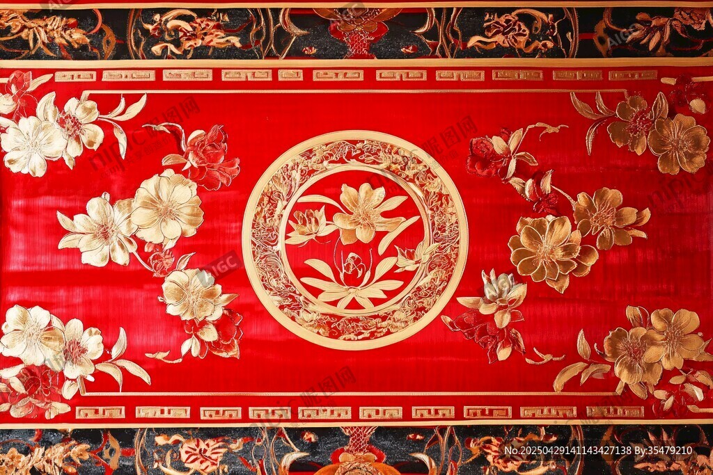 中式紅色花卉精美刺繡布