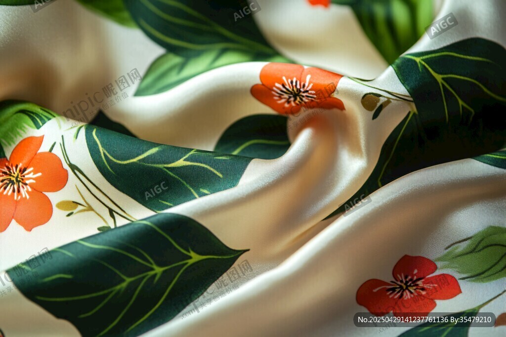 花卉綠葉印花絲綢布料