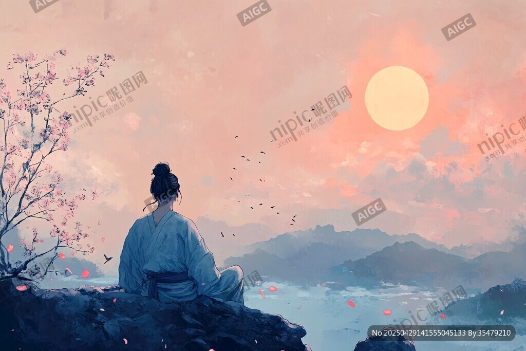 靜賞落日的古裝人物